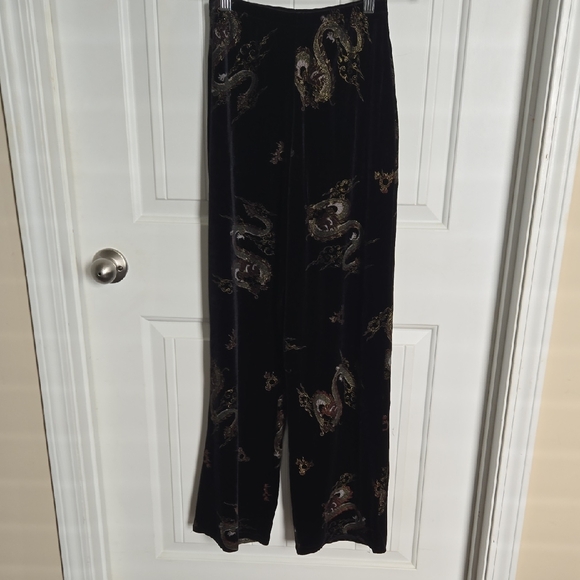 Vintage Pants - Vintage Rave City Dragon Print Velvet Pants Black Wide Leg Y2K 90s Clubwear Goth